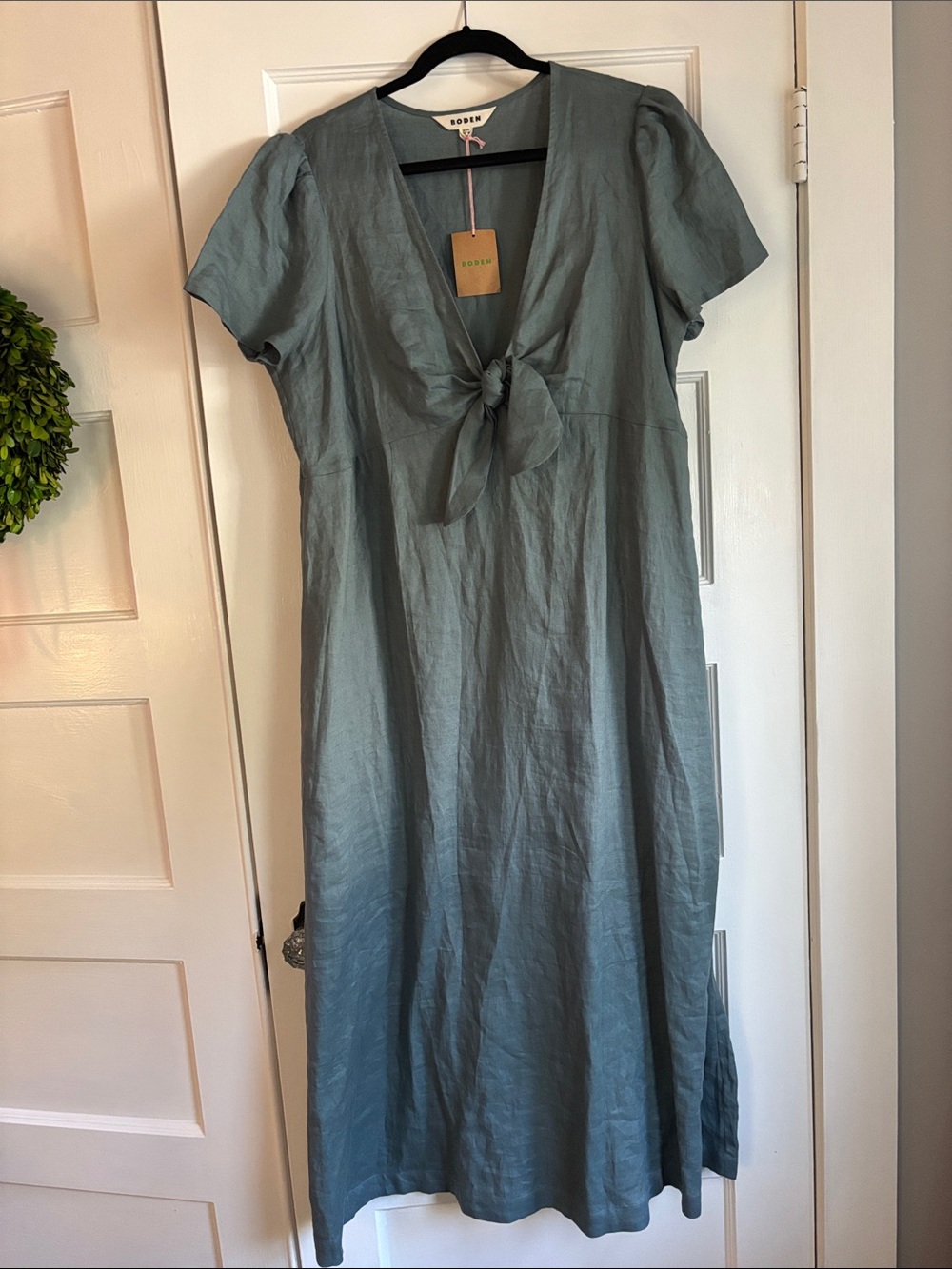 Boden Soft Seafoam Green Tie-Front Linen Midi Dress